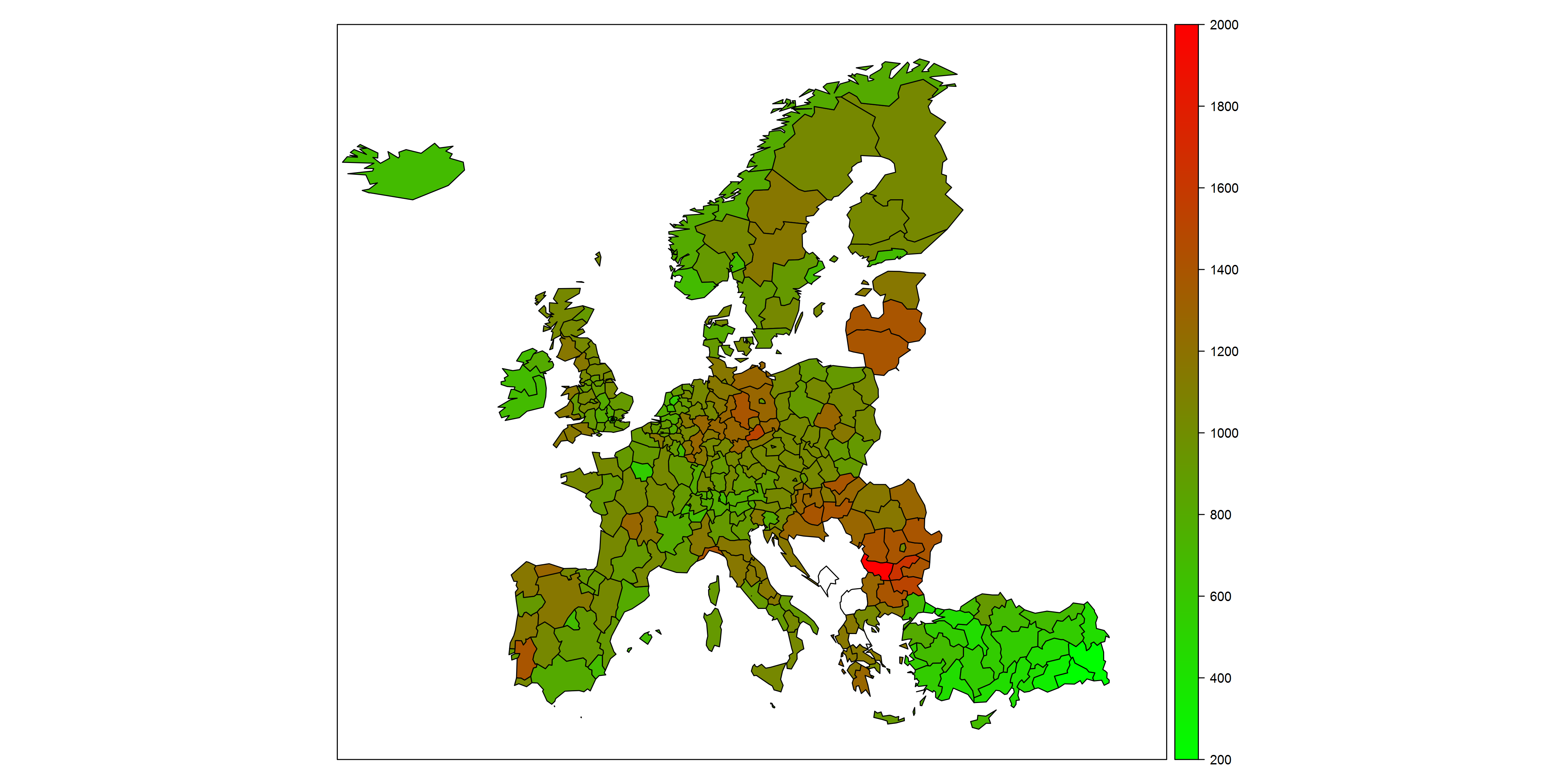 Halálozási ráták (minden lényeges halálokból) az Eurostat által gyűjtött országokban NUTS2 szinten. Bal oldal: nyers ráta, jobb oldal: standardizált ráta. Az adminisztratív határokra vonatkozó térkép forrása: © Eurographics.