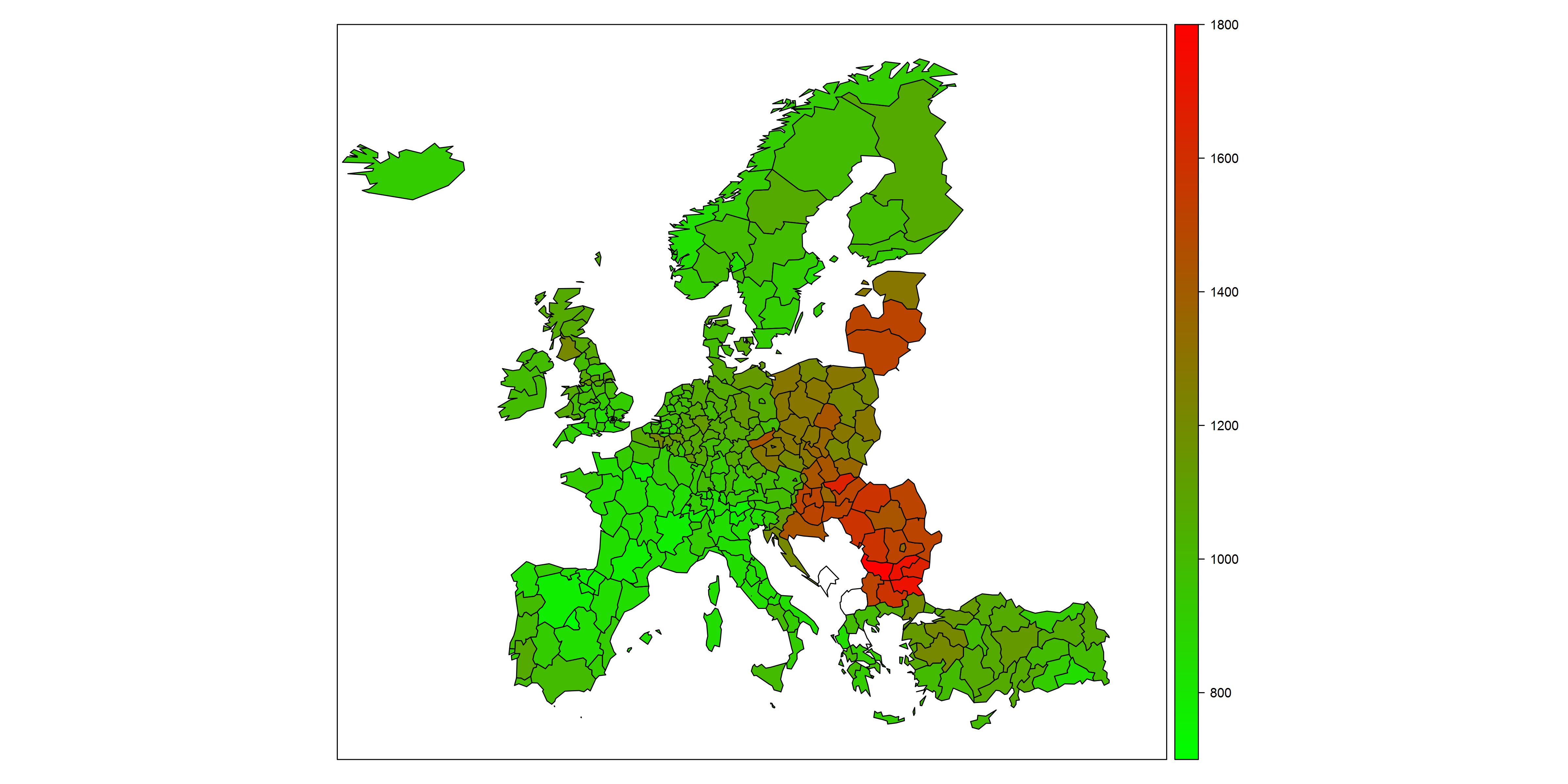 Halálozási ráták (minden lényeges halálokból) az Eurostat által gyűjtött országokban NUTS2 szinten. Bal oldal: nyers ráta, jobb oldal: standardizált ráta. Az adminisztratív határokra vonatkozó térkép forrása: © Eurographics.